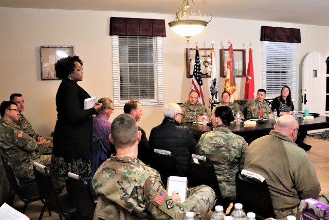 Monica Richmond, chief of the Directorate of Public Works Housing Division, talks with Fort McCoy housing residents and unit leaders during a housing town hall meeting Feb. 28, 2019, at Fort McCoy, Wis. Richmond has been the housing division chief...