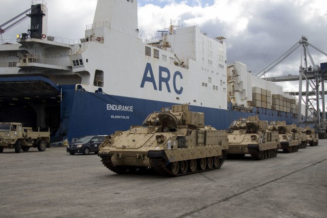 U.S. Army M2 Bradley fighting vehicles are lined up prior to loading onto American Roll-On Roll-Off Carrier Endurance heading out for DEFENDER-Europe 20 on Feb. 5, 2020, in Savannah, Ga. This movement of equipment is in preparation for the...