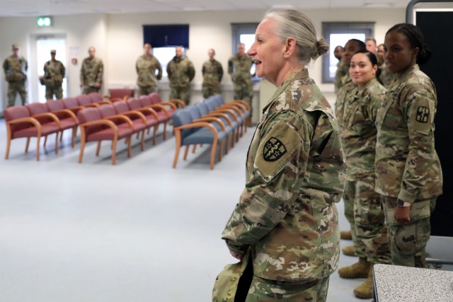 U.S. Army Brig. Gen. Lisa Doumont speaks to Kosovo Force 27 medical task force Soldiers, Feb. 24, 2020, at the Joint Multinational Readiness Center in Hohenfels, Germany. Doumont commands the U.S. Army Reserve Medical Readiness and Training...