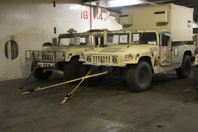 U.S. Army High Mobility Multipurpose Wheeled Vehicles (HMMWV) are secured inside American Roll-On Roll-Off Carrier Endurance on Feb. 7, 2020, in Savannah, Ga. These vehicles will be shipped overseas for the DEFENDER-Europe 20 exercise which will serve as an assessment of the Army's ability to move division-size forces in the case of a real-world scenario. DEFENDER-Europe 20 will conclude with the redeployment of U.S.-based forces and equipment. U.S. Service members will clear the training areas, return prepositioned stocks, move to ports and return to home stations – fulfilling the U.S. military’s commitment to the NATO agreements.  (U.S. Army photo by Pfc. Carlos Cuebas Fantauzzi, 22nd Mobile Public Affairs Detachment)