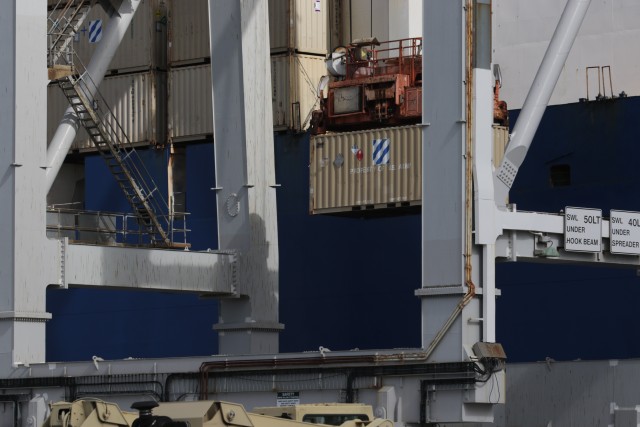 Shipping containers brimming with equipment belonging to 3rd Infantry Division are loaded in preparation for shipping to Europe in Savannah, GA, on Feb. 5, 2020. The shipment of resources is in preparation for the DEFENDER-Europe 20 exercise which takes place across various European countries. DEFENDER-Europe 20 and linked exercises demonstrate and develop the extensive military capabilities that NATO allies need to prevent conflict, preserve peace and keep our nations safe. The mission will help international forces prepare in conducting interoperability missions across the continent. (U.S. Army photo by Pfc. Daniel Alkana, 22nd Mobile Public Affairs Detachment)