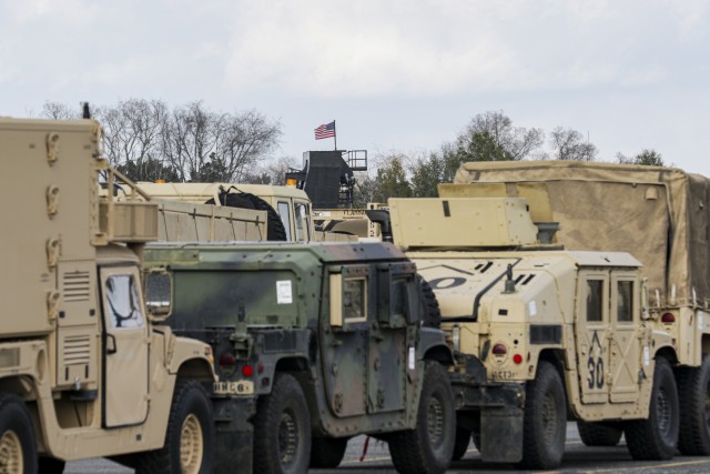 Equipment belonging to 3rd Infantry Division is staged in preparation for movement on Feb. 5, 2020, in Savannah, Ga. This movement of equipment is in preparation for the DEFENDER-Europe 20 exercise which takes place in multiple European countries. DEFENDER-Europe 20 and linked exercises demonstrate and develop the extensive military capabilities that NATO allies need to prevent conflict, preserve peace and keep our nations safe. This is normal activity in the context of defense and is an important element of deterrence. (U.S. Army photo by Pfc. Daniel Alkana, 22nd Mobile Public Affairs Detachment)