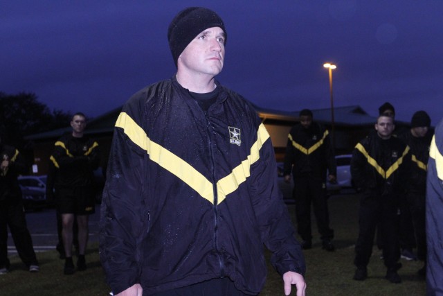 1st Sgt. Kenneth Godwin, Headquarters Support Company, Headquarters and Headquarters Battalion, 3rd Infantry Division, leads a familiarization brief on the upcoming Army Combat Fitness Test, Jan. 31 on Fort Stewart. The ACFT will become the army...