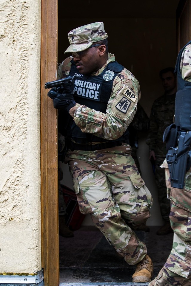 Soldiers from 423rd Military Police Company, U.S. Army Reserve, from Shoreham, New York train on room-clearing procedures and active shooter response, Feb. 25, 2020, on Camp Albertshof in Hohenfels, Germany. Training ensures the military police...