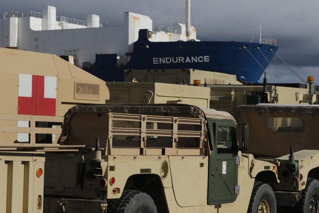 U.S. Army wheeled vehicles are staged prior to being loaded onto American Roll-On Roll-Off Carrier Endurance for overseas shipping during port operations in Savannah, Ga., on Feb. 5, 2020. This future delivery of equipment is in preparation for the DEFENDER-Europe 20 exercise which takes place across various European countries. DEFENDER-Europe 20 will train the joint, interagency and multinational force and help U.S. and NATO allies and partners conduct interoperability missions across the continent. (U.S. Army photo by Pfc. Daniel Alkana, 22nd Mobile Public Affairs Detachment)