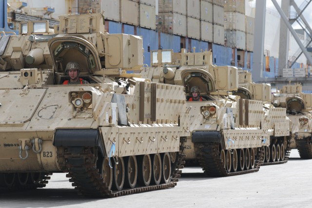 U.S. Army M2 Bradleys wait to be loaded onto American Roll-On Roll-Off Carrier Endurance for DEFENDER Europe-20 on Feb. 7, 2020 in Savannah, Ga. The Bradleys belong to 2nd Armored Brigade Combat Team, 3rd Infantry Division out of Fort Stewart, Ga. Exercise DEFENDER-Europe 20 is the deployment of a division-size combat-credible force from the United States to Europe. (U.S. Army photo by Pfc. Daniel Alkana, 22nd Mobile Public Affairs Detachment)