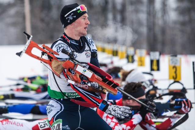 Spc. Jakob Ellingson in a biathlon competition. Ellingson and his sister, Siena, enlisted in the Minnesota National Guard on the same day and have competed in the biathlon all over the world.
