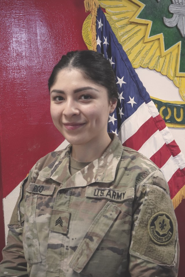 U.S. Army Sgt. Paola Rico, supply noncommissioned officer, Regimental Headquarters and Headquarters Troop, Regimental Support Squadron, 2d Cavalry Regiment participates in women’s history month interview in Vilseck, Germany, March 12, 2020. (U.S. Army photo by Sgt. LaShic Patterson)