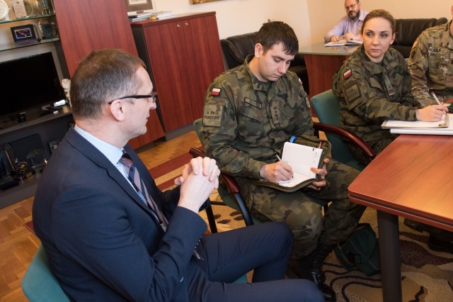 Pruszcz Gdanski, Mayor Janusz Wróbel, speaks with Jakub Baczaj, NATO Force Integration Unit Poland liaison, and Anna Kantypowicz-Kurzawa, Multinational Division North East's Civil-Military liaison, about the upcoming DEFENDER-Europe 20 exercise...