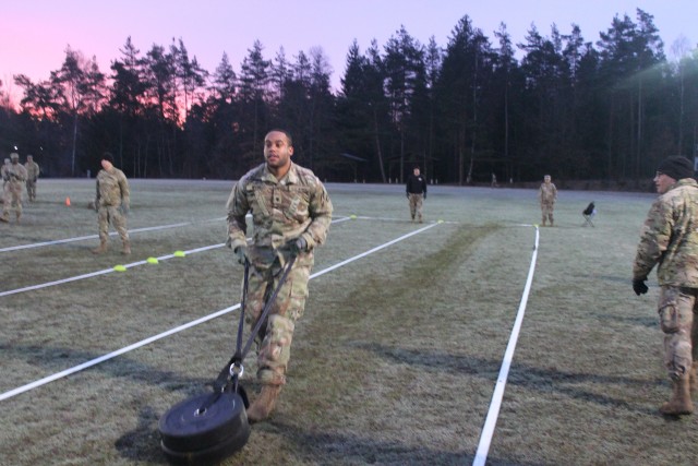 U.S. Sustainment Soldiers, assigned to the 2d Regimental Support Squadron, 2d Cavalry Regiment, compete in the regimental Best Sustainer Competition held at Rose Barracks, Germany in Vilseck, Germany, March 11, 2020.  The Soldiers planned, resourced and hosted the inaugural iteration of this competition, in which logistical troops from across the regiment participated. (U.S. Army photo by 1st Lt. Connor Coombes)