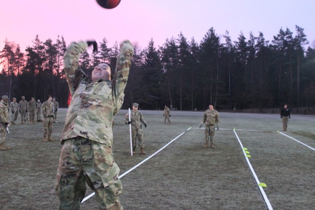 A U.S. Sustainment Soldier, assigned to the 2d Regimental Support Squadron, 2d Cavalry Regiment, competes in the regimental Best Sustainer Competition in Vilseck, Germany, March 11, 2020.  The Soldiers planned, resourced and hosted the inaugural iteration of this competition, in which logistical troops from across the regiment participated. (U.S. Army photo by 1st Lt. Connor Coombes)