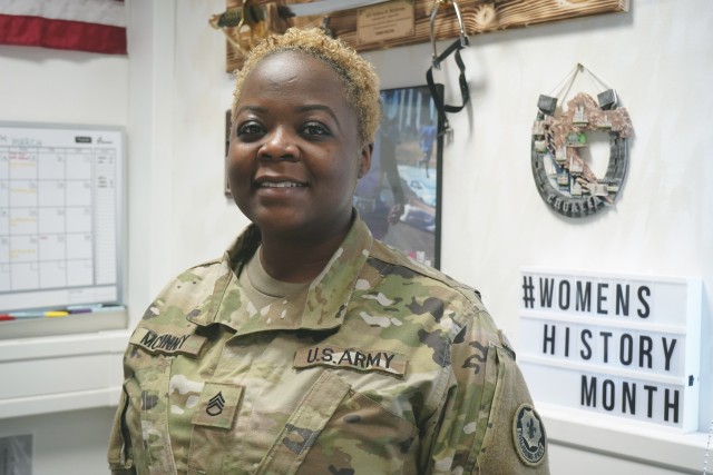 U.S. Army Staff Sgt. Andrea McKinney, supply noncommissioned officer in charge, Regimental Headquarters and Headquarters Troop, Regimental Support Squadron, 2d Cavalry Regiment participates in women’s history month interview in Vilseck, Germany, March 12, 2020. (U.S. Army photo by Sgt. LaShic Patterson)