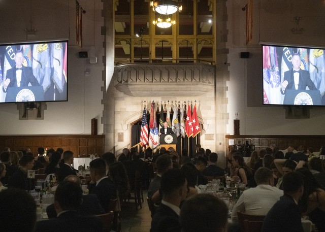 Retired Gen. David G. Perkins, Class of 1980 and former commander of U.S. Army Training and Doctrine Command, speaks to the Firstie class during its 100th Night banquet Feb. 15.