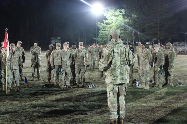 U.S. Army Command Sgt. Maj. Anthony Jackson, senior enlisted advisor, assigned to the Regimental Support Squadron, 2d Cavalry Regiment, addresses the teams competing in the regiment's Best Sustainer Competition prior to the start of events in Vilseck, Germany, March 10, 2020.  The Regimental Support Squadron planned, resourced and hosted the competition. (U.S. Army photo by 1st Lt. Connor Coombes)