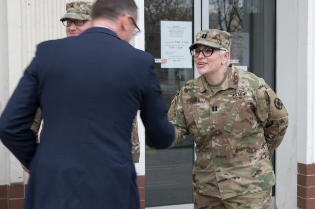 Capt. Lindsay Roufa, 13th Expeditionary Sustainment Command, meets the major of Pruszcz Gdanski, Mayor Janusz Wróbel Feb. 20.  In order to inform the local community about the impending DEFENDER- Europe 20 exercise, 418th Civil Affairs...
