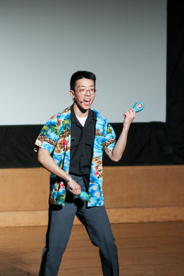 Class of 2020 Cadet Seungchul Lee performs the musical number "Shamming out of duties" during rehearsal for the 100th Night Show.