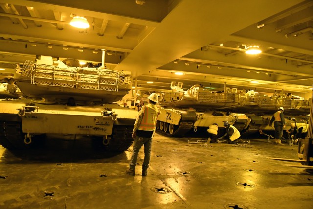 Contract workers secure A1 Abrams tanks inside he Bob Hope-class roll-on/roll-off ship USNS Benavidez February 22, 2020 in support of DEFENDER-Europe 20. This ship will carry military equipment to the European theater as part of almost 6,000...