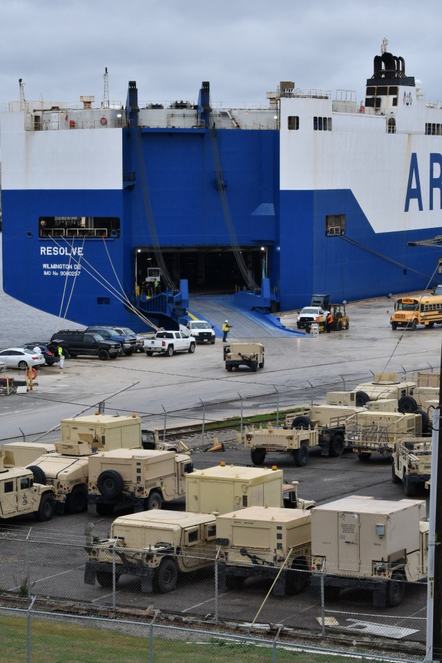A contract worker at the Port of Beaumont drives a HMMWV onto the M/V Resolve February 20, 2020 in support of DEFENDER-Europe 20. Soldiers, government civilians and stevedores are working together at the port to ensure our Army’s vehicles and...