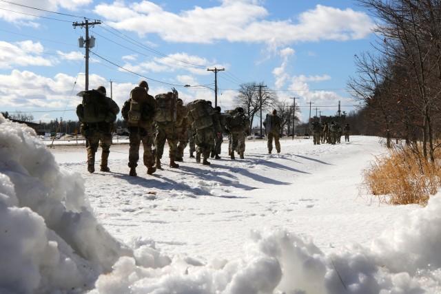 10th Mountain Division (LI) Soldiers participate in a 6-mile ruck march and land navigation route as part of the “D-Series” Mountain Winter Challenge, February 19, 2020 at Fort Drum. The challenge tested each team on their physical fitness, mental toughness, competitive spirit, marksmanship proficiency, and knowledge of the history of the 10th Mountain Division.