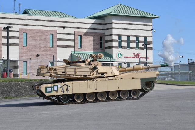 A 2nd Armored Brigade Combat Team, 1st Armored Division A1 Abrams tank rolls by the 842nd Transportation Battalion February 22, 2020 on its way to the M/V Resolve, docked at the Port of Beaumont. This tank and more than 2,600 pieces of equipment...