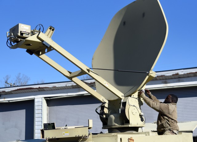 Signal corps Soldiers assigned to the Staunton-based 116th Infantry Brigade Combat Team conduct a communications exercise to test the readiness of their systems Feb. 8, 2020, at Fort Pickett, Virginia. More than 120 communications experts from...