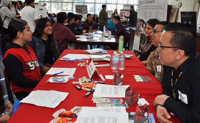 From right, U.S. Army Corps of Engineers Los Angeles District employees Jenna May, Capt. Gus Madrigal and Linh Do talk about their careers with ninth to 12th grade students Feb. 12 during John Muir High School’s Engineering and Environmental...