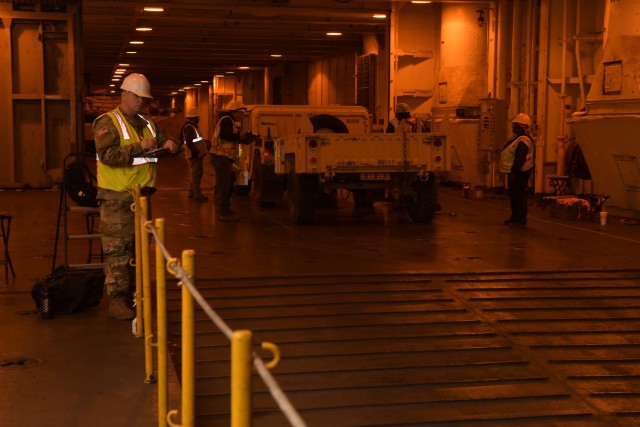 Sgt. Barry Sallagaity, 842nd Transportation Battalion documentation NCO, makes a stow plan and piece count and clerks validate vehicles weights and locations as they are brought into the Bob Hope-class roll-on/roll-off ship USNS Benavidez February...