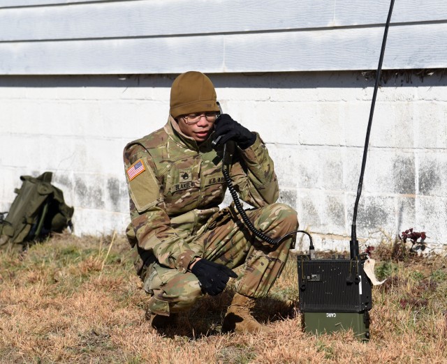Signal corps Soldiers assigned to the Staunton-based 116th Infantry Brigade Combat Team conduct a communications exercise to test the readiness of their systems Feb. 8, 2020, at Fort Pickett, Virginia. More than 120 communications experts from across the brigade set up and tested all of their voice and data systems during the exercise, focusing on user-level training to ensure the Soldiers are familiar with and confident on the equipment. (U.S. National Guard photo by Mike Vrabel) 