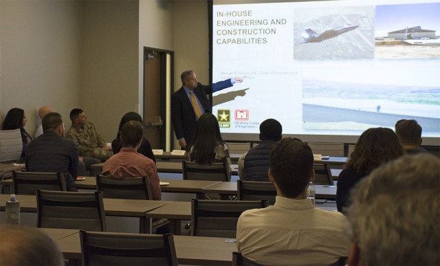 U.S. Army Corps of Engineers-Albuquerque District Engineering and Construction Division Chief Michael Guerin gives a presentation to University of New Mexico students about his division’s capabilities and opportunities during a STEM outreach...