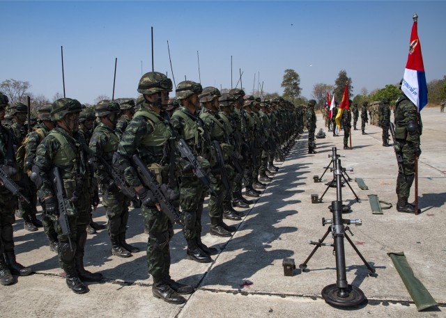 Soldiers from the 23rd Infantry Regiment, 4th Battalion, Royal Thai Army, participate in the opening ceremony of Exercise Hanuman Guardian 20 at Camp Friendship in Korat, Thailand. Hanuman Guardian is an annual exercise, now in its tenth iteration, that is designed to enhance U.S. Army and Royal Thai Army capabilities, build strong relationships between both armies and increase mission readiness, enabling regional security and stability in the region.  (U.S. Army Photo by Sgt. 1st Class John Etheridge)