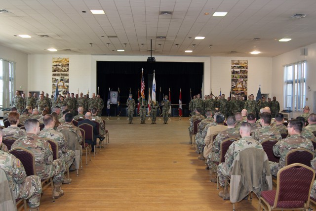 Army National Guard Soldiers stand in formation during the ceremony, hosted by the 780th Military Intelligence Brigade, in which the Task Force Echo mission in support of U.S. Cyber Command passed from the Guard's 126th Cyber Protection Battalion...