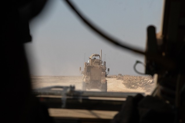 Soldiers with 1st Battalion, 5th Infantry Regiment, 1st Stryker Brigade Combat Team, 25th Infantry Division, head out on patrol around the perimeter of Al Asad Airbase in western Iraq, Feb. 14, 2020. Al Asad is the largest military airbase in Iraq...