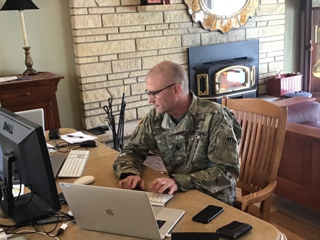 Command Sgt. Maj. Kyle Ford, 336th Expeditionary Military Intelligence Brigade command sergeant major, answers live questions during the brigade’s virtual battle assembly from Black Forest, CO, March 21, 2020. (US Army photo by Command Sgt. Maj. Kyle Ford)