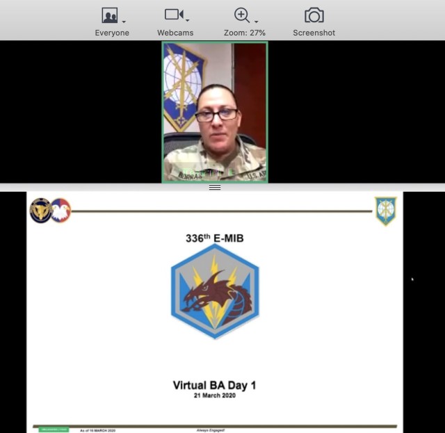 Brig. Gen. Terri Borras, commander of the Military Intelligence Readiness Command, provides opening remarks during the 336th Expeditionary Military Intelligence Brigade’s virtual battle assembly from Fort Belvoir, VA, March 21, 2020 (US Army...