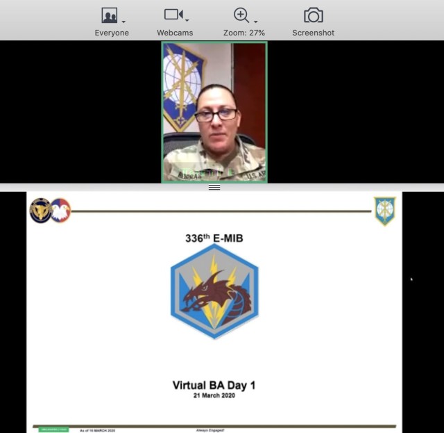 Brig. Gen. Terri Borras, commander of the Military Intelligence Readiness Command, provides opening remarks during the 336th Expeditionary Military Intelligence Brigade’s virtual battle assembly from Fort Belvoir, VA, March 21, 2020 (US Army photo by Maj. Daniel Denn)