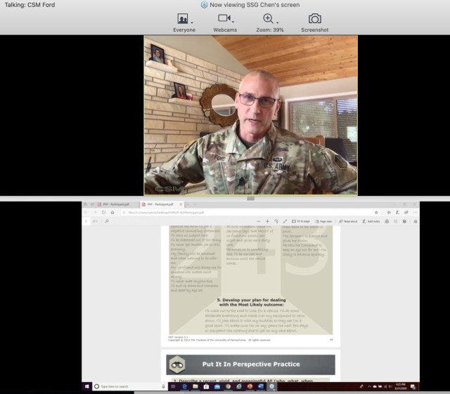 Command Sgt. Maj. Kyle Ford, 336th Expeditionary Military Intelligence Brigade command sergeant major, answers live questions during the brigade’s virtual battle assembly from Black Forest, CO, March 21, 2020. (US Army photo by Command Sgt. Maj. Kyle Ford)