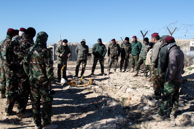 Peshmerga soldiers receive unexploded ordnance training in northern Iraq, Feb. 10, 2020. The class, was given to 3rd Battalion, 14th Regional Guard Brigade, who has partnered with the U.S.  Army’s 3rd Security Forces Assistance Brigade (SFAB) to fulfill the requirements of the brigade’s train, advise, assist & enable mission in Iraq. (U.S. Army photo by Sgt. Sean Harding)