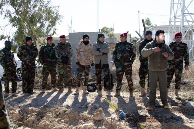 Peshmerga soldiers receive unexploded ordnance training in northern Iraq, Feb. 10, 2020. The Peshmerga’s 3rd Battalion, 14th Regional Guard Brigade, has partnered with the U.S. Army’s 3rd Security Forces Assistance Brigade (SFAB) to fulfill the requirements of the 3rd SFAB’s train, advise, assist & enable mission in Iraq. (U.S. Army photo by Sgt. Sean Harding)