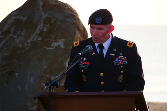 BAGAC, BATAAN, Philippines--Col. Kevin Capra, commander of 3rd Armored Brigade Combat Team, 1st Cavalry Division, speaks during a ceremony unveiling a statue in honor of the defenders of Bataan and subsequent death march. Members of the Greywolf brigade were in the Philippines to represent the 1st Cavalry Division during Battle of Manila 75th Anniversary remembrance events.