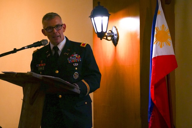 MANILA, Philippines--Col. Kevin Capra, commander of 3rd Armored Brigade Combat Team, 1st Cavalry Division, speaks during a symposium about the role of the 1st Cavalry Division, the first U.S. Division into occupied Manila in 1945, during the Battle of Manila. Members of the Greywolf brigade were in the Philippines to represent the 1st Cavalry Division during Battle of Manila 75th Anniversary remembrance events Feb 11-15.