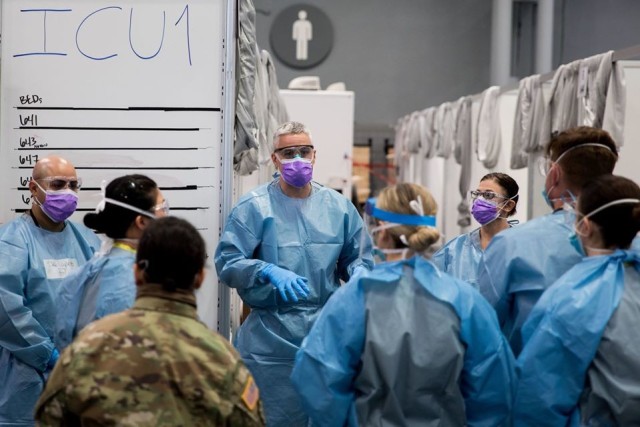 Army medical professionals work at Javits Center in New York City on April 5, 2020. The new intensive care unit has the capabilities to provide care for COVID-19 and non-COVID-19 patients.