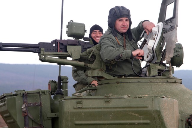 Bulgarian tankers in their T-72 tank prepare for Combine Arms Live Fire Exercise (CALFEX) with C Company, 1st Battalion, 5th Cavalry Regiment, 2nd Armored Brigade Combat Team, 1st Cavalry Division, at the Novo Selo Training Area in Mokren,...