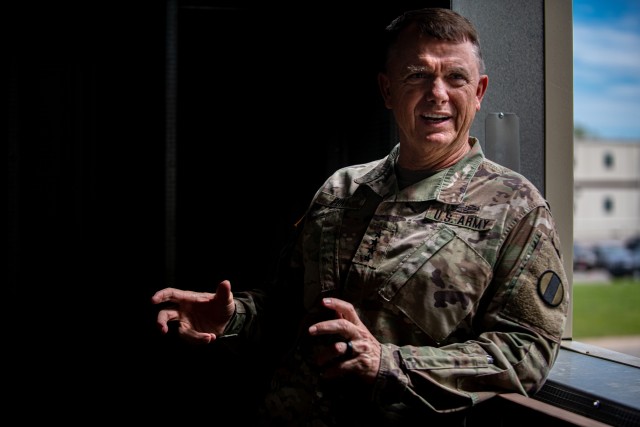 Gen. Paul E. Funk II, the commander of The U.S. Army Training and Doctrine Command, discusses the importance of proper social distancing and proper preventative measures at Fort Sill, OK, on April 7, 2020. Funk visited Fort Sill to meet with...