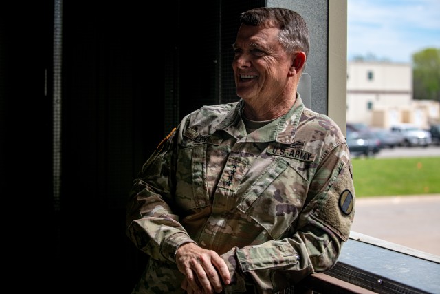 Gen. Paul E. Funk II, the commander of The U.S. Army Training and Doctrine Command, discusses the importance of proper social distancing and proper preventative measures at Fort Sill, OK, on April 7, 2020. Funk visited Fort Sill to meet with...