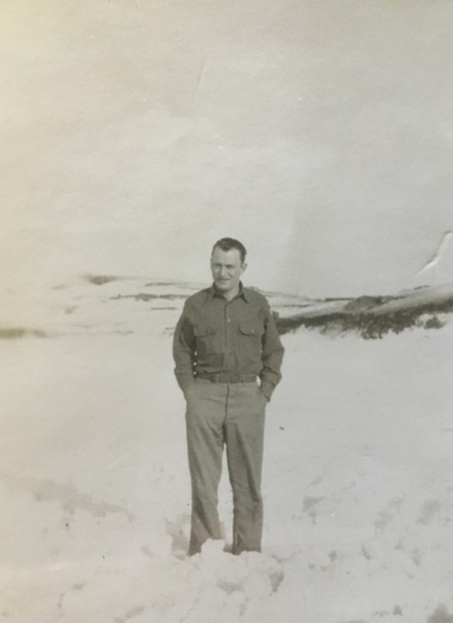 Army Cpl. William Lapschies stands on one of the snow-covered Aleutian Islands during World War II.