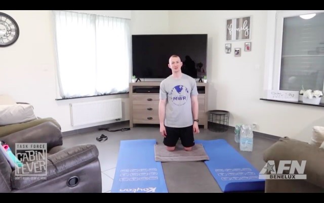 BRUSSELS -- Sgt. Brian Caulkins, Public Health Activity - Rheinland-Pfalz in Germany, demonstrates how to set up a workout area at home. The video is part of a series of content that Task Force Cabin Fever has been providing garrison community...