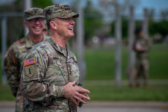 Gen. Paul E. Funk II, the commander of The U.S. Army Training and Doctrine Command, shares a laugh while conversing with the cadre of 428th Field Artillery Brigade at Fort Sill, OK, on April 7, 2020. Funk visited Fort Sill to meet with leadership...