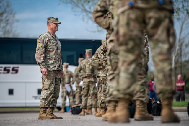 Gen. Paul E. Funk II, right, the commander of the U.S. Army Training and Doctrine Command, meets trainees at Fort Sill, OK, on April 7, 2020. Funk visited Fort Sill to meet with leadership throughout Fort Sill and assess the measures in place to...