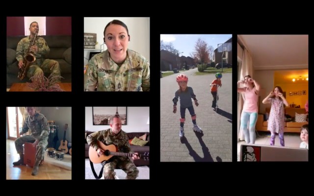 In this screenshot of a video from the SHAPE International Band, a quartet of the band plays together with user-submitted videos of community members dancing along. The video is part of a series of content that Task Force Cabin Fever has been...