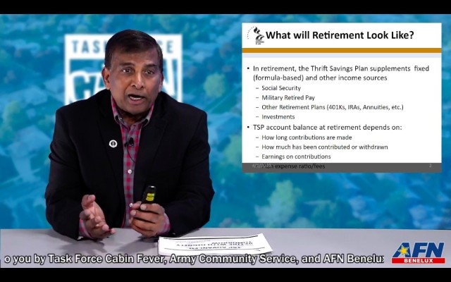 BRUSSELS -- In this screenshot of a Task Force Cabin Fever video, Mike Doorbal, a financial readiness counselor for Army Community Service at U.S. Army Garrison Benelux, explains why using the Thrift Savings Plan is so important. The video is part...